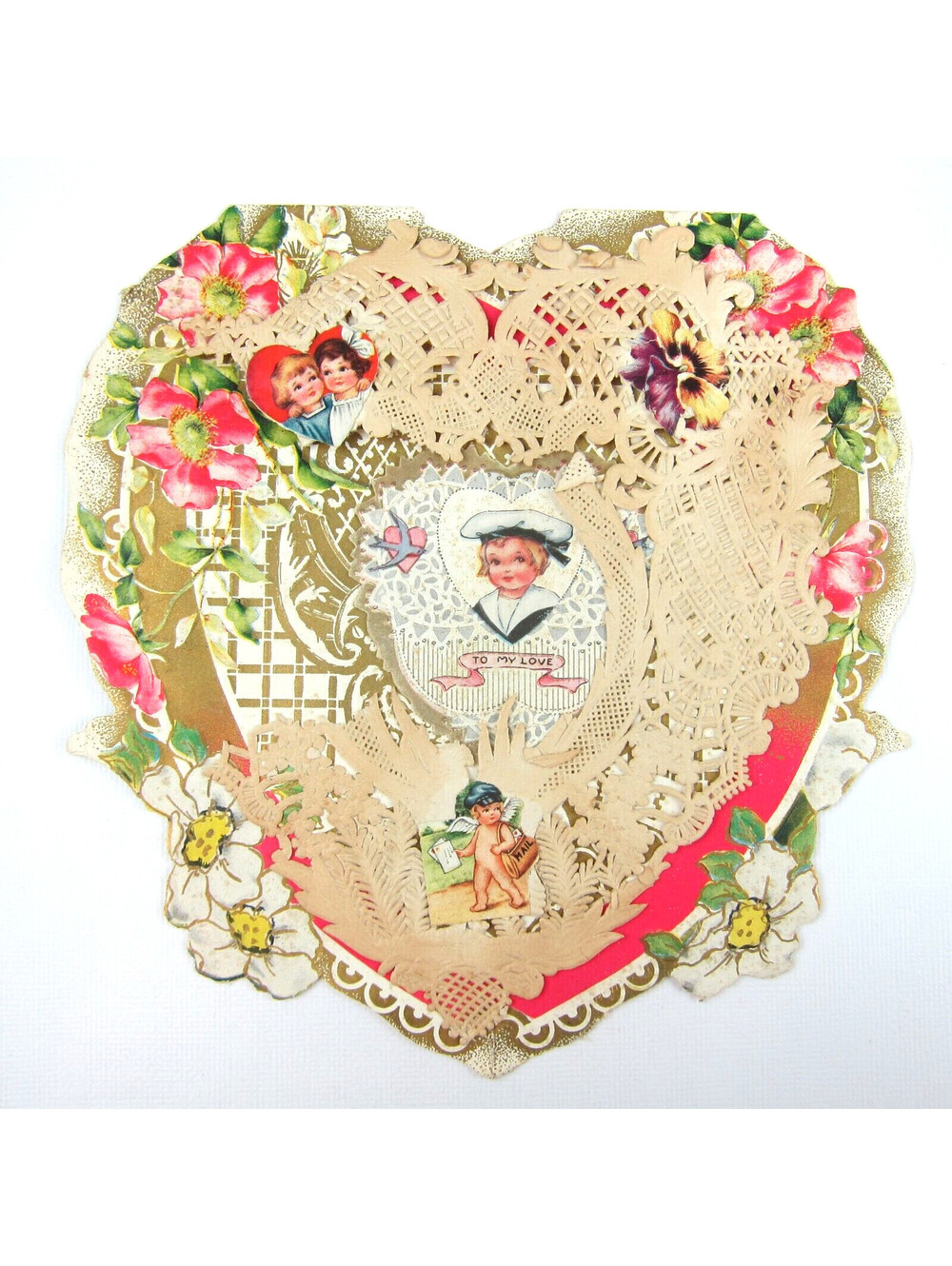 Antique Valentine Die cut Heart LARGE Boy Sailor Angel Girl Fishing UNSIGNED